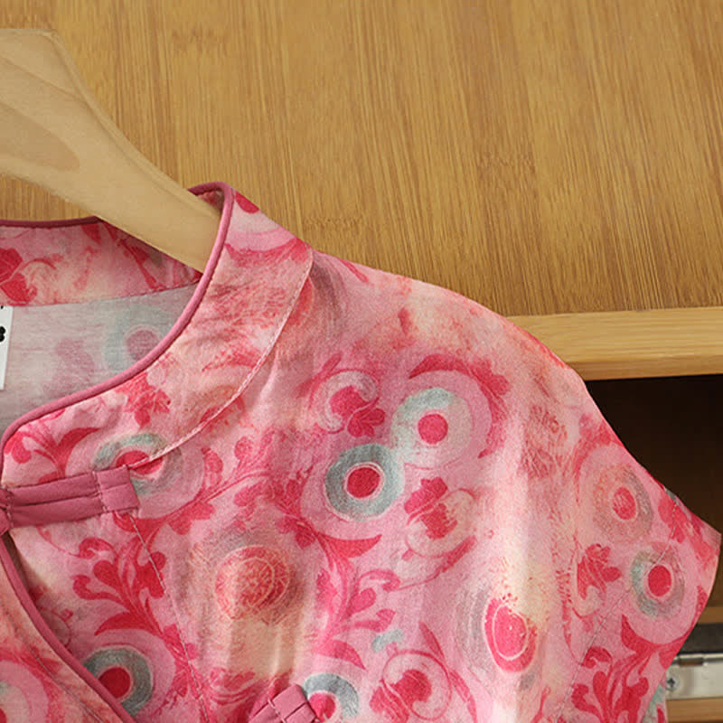 Buddha Stones Summer Elegant Mandarin Collar Side Slit Floral Print Women's Sleeveless Shirts