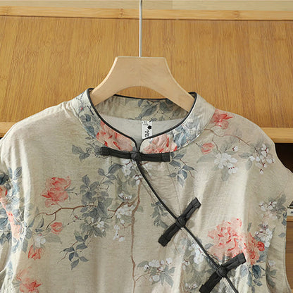 Buddha Stones Summer Elegant Mandarin Collar Side Slit Floral Print Women's Sleeveless Shirts
