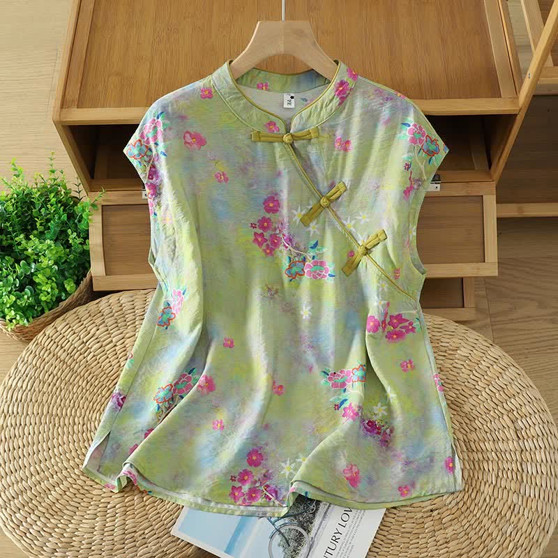 Buddha Stones Summer Elegant Mandarin Collar Side Slit Floral Print Women's Sleeveless Shirts