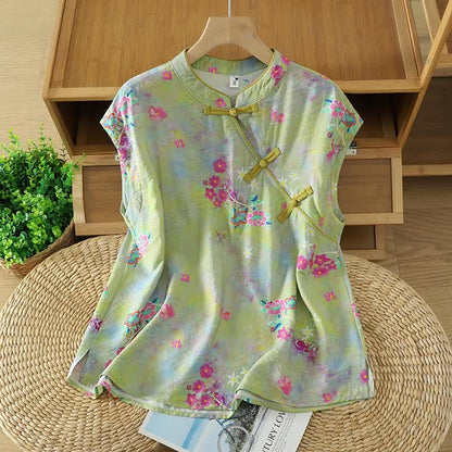Buddha Stones Summer Elegant Mandarin Collar Side Slit Floral Print Women's Sleeveless Shirts