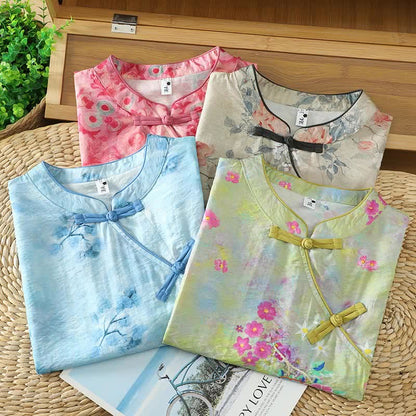 Buddha Stones Summer Elegant Mandarin Collar Side Slit Floral Print Women's Sleeveless Shirts