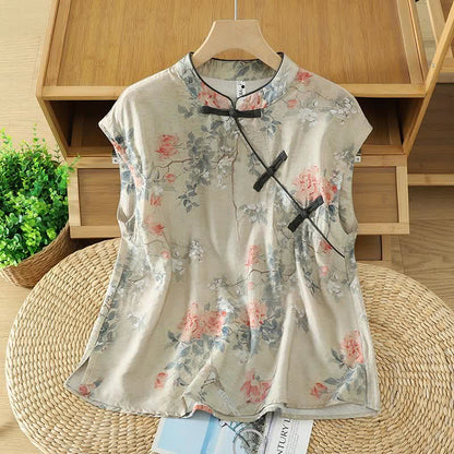Buddha Stones Summer Elegant Mandarin Collar Side Slit Floral Print Women's Sleeveless Shirts