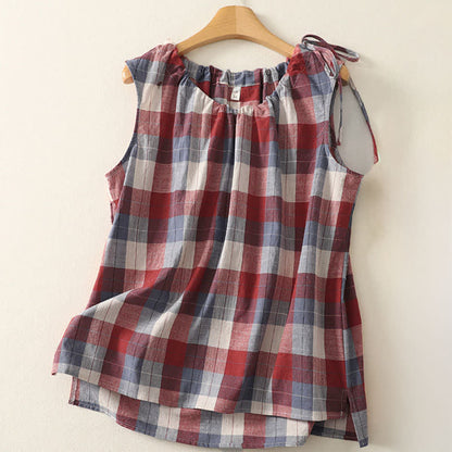Buddha Stones Summer Casual Crew Neck Plaid Pattern Women's Sleeveless Shirts Tank Top
