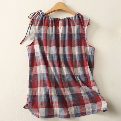 Buddha Stones Summer Casual Crew Neck Plaid Pattern Women's Sleeveless Shirts Tank Top