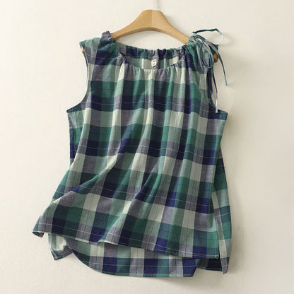 Buddha Stones Summer Casual Crew Neck Plaid Pattern Women's Sleeveless Shirts Tank Top