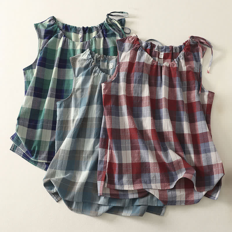 Buddha Stones Summer Casual Crew Neck Plaid Pattern Women's Sleeveless Shirts Tank Top