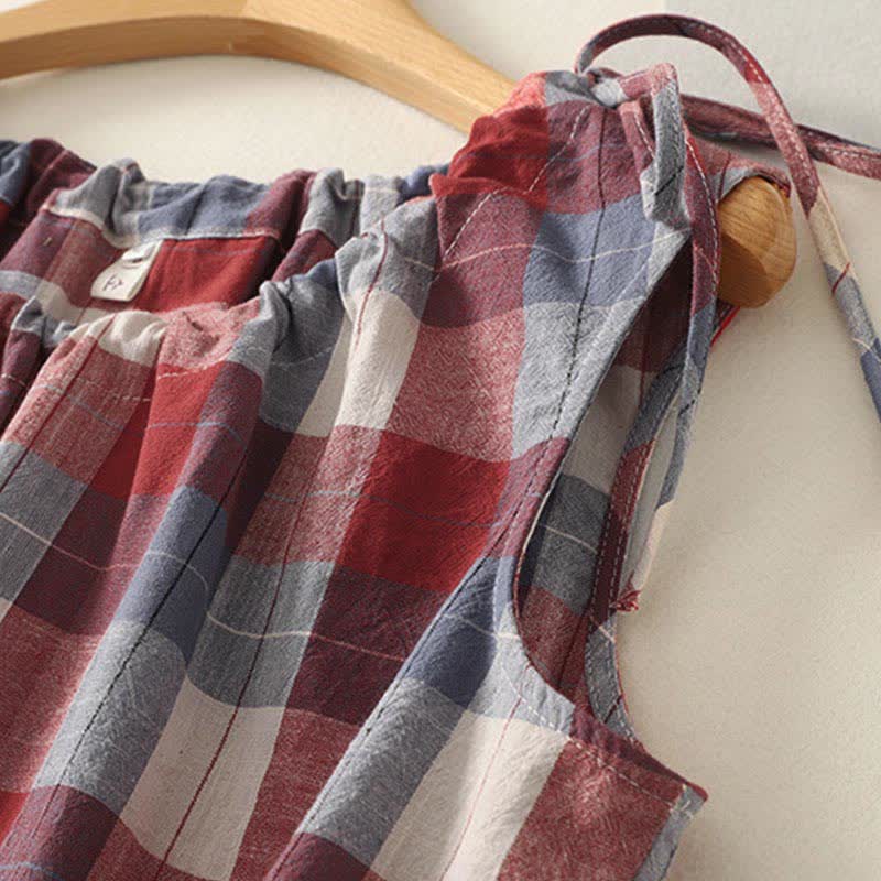 Buddha Stones Summer Casual Crew Neck Plaid Pattern Women's Sleeveless Shirts Tank Top