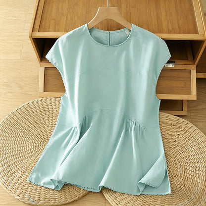 Buddha Stones Summer Casual Solid Crew Neck Women's Cap Sleeve T-Shirts Tank Top