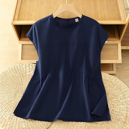 Buddha Stones Summer Casual Solid Crew Neck Women's Cap Sleeve T-Shirts Tank Top