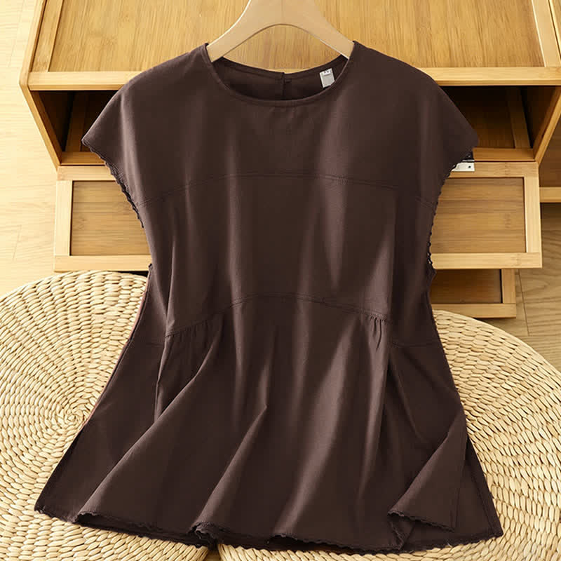 Buddha Stones Summer Casual Solid Crew Neck Women's Cap Sleeve T-Shirts Tank Top