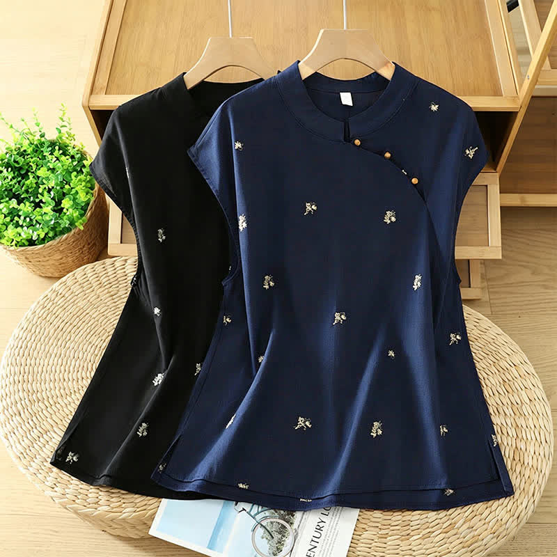 Buddha Stones Summer Vintage Tang Style Mandarin Collar Embroidery Small Floral Tank Top Women's Sleeveless Shirts