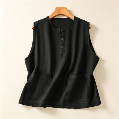Buddha Stones Summer Casual Minimalist Button-Up Solid Women's Sleeveless Shirts Tank Top With Patch Pocket