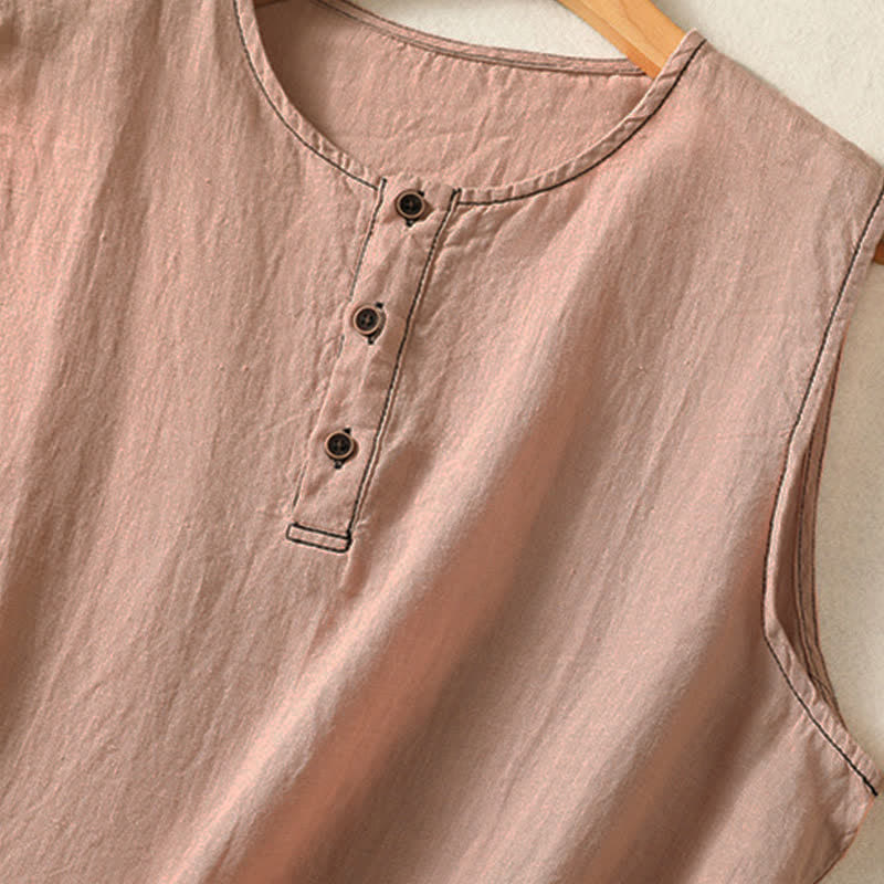 Buddha Stones Summer Casual Minimalist Button-Up Solid Women's Sleeveless Shirts Tank Top With Patch Pocket