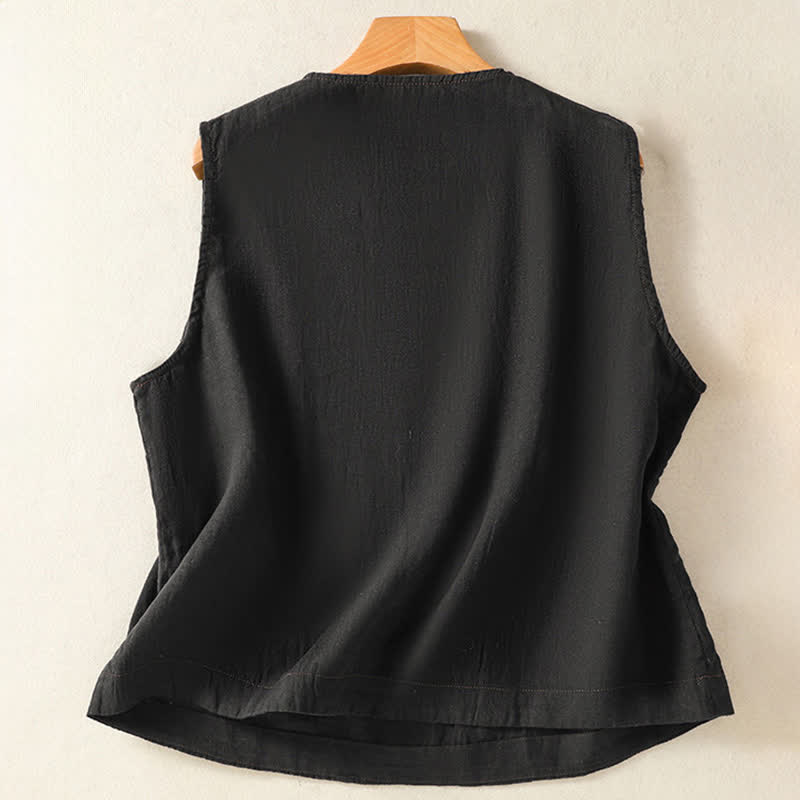 Buddha Stones Summer Casual Minimalist Button-Up Solid Women's Sleeveless Shirts Tank Top With Patch Pocket