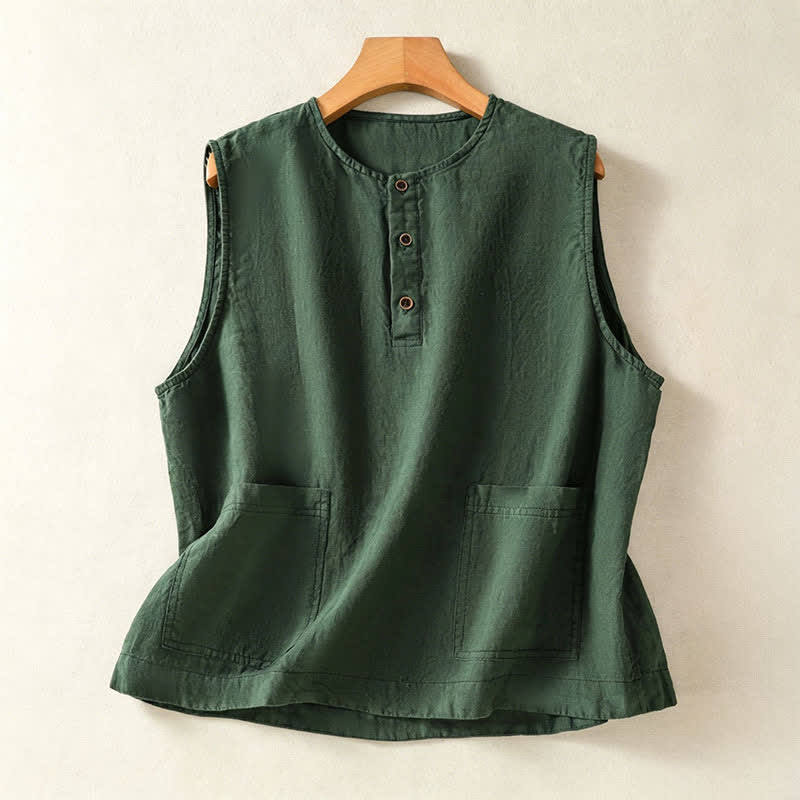 Buddha Stones Summer Casual Minimalist Button-Up Solid Women's Sleeveless Shirts Tank Top With Patch Pocket