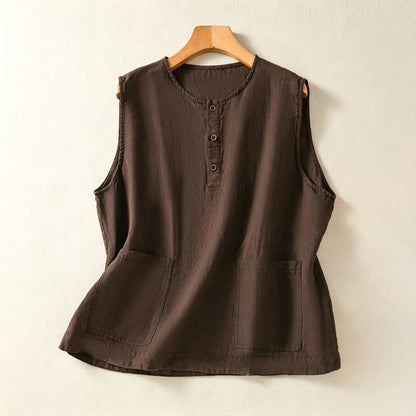 Buddha Stones Summer Casual Minimalist Button-Up Solid Women's Sleeveless Shirts Tank Top With Patch Pocket