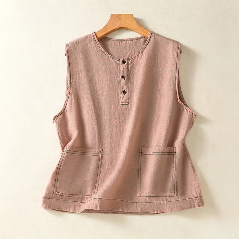 Buddha Stones Summer Casual Minimalist Button-Up Solid Women's Sleeveless Shirts Tank Top With Patch Pocket