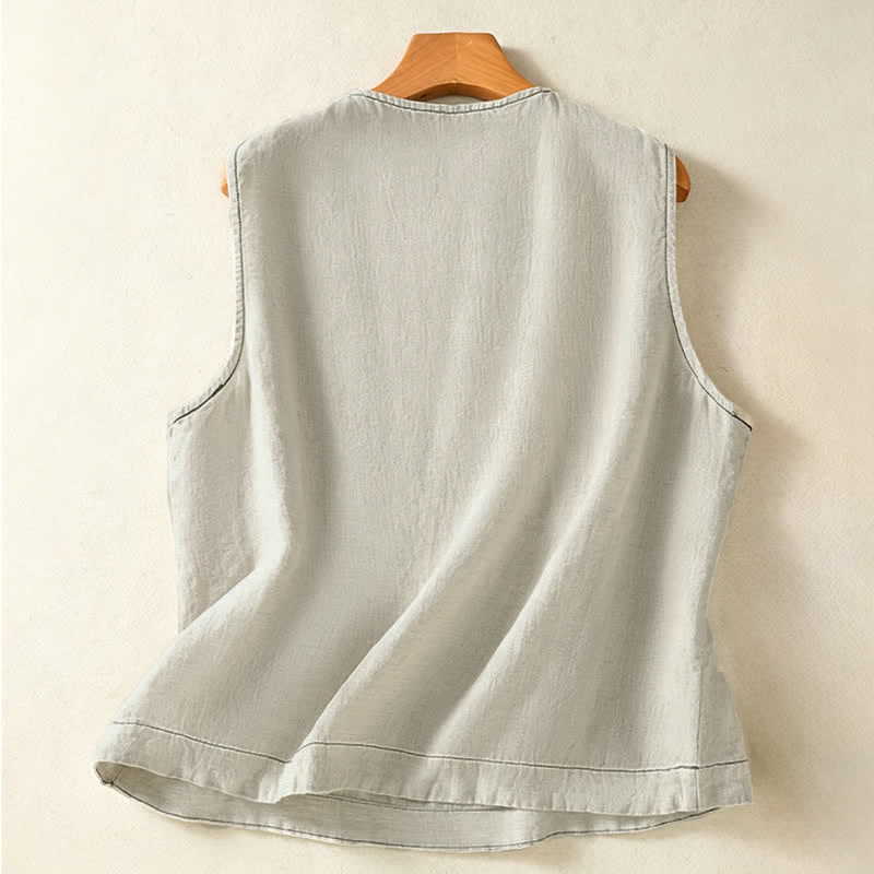 Buddha Stones Summer Casual Minimalist Button-Up Solid Women's Sleeveless Shirts Tank Top With Patch Pocket