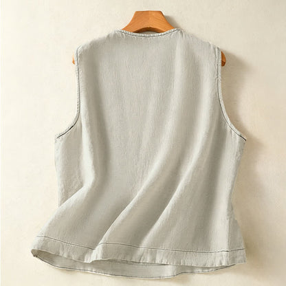 Buddha Stones Summer Casual Minimalist Button-Up Solid Women's Sleeveless Shirts Tank Top With Patch Pocket