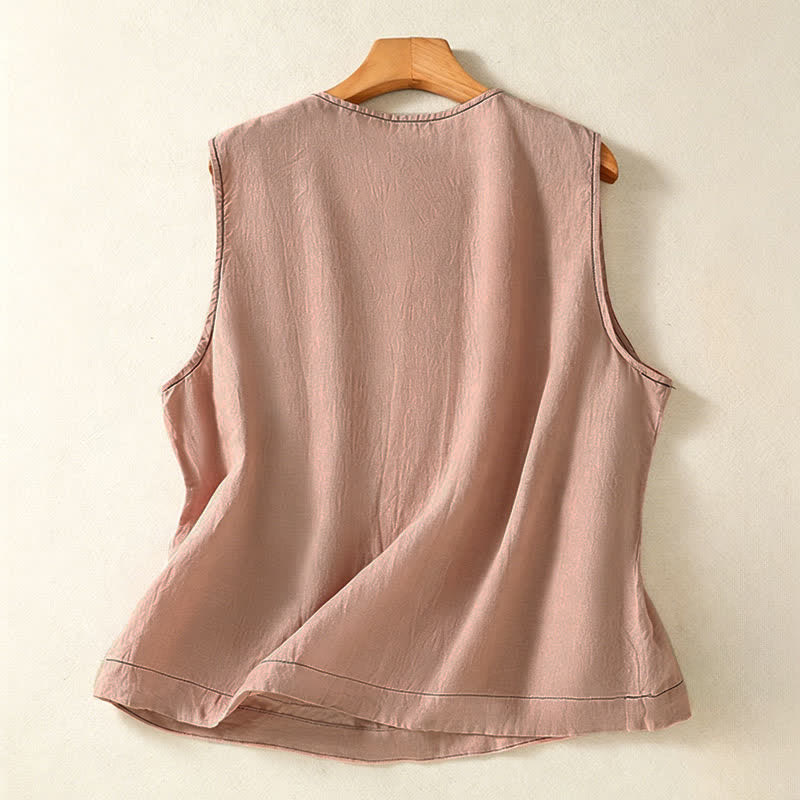 Buddha Stones Summer Casual Minimalist Button-Up Solid Women's Sleeveless Shirts Tank Top With Patch Pocket