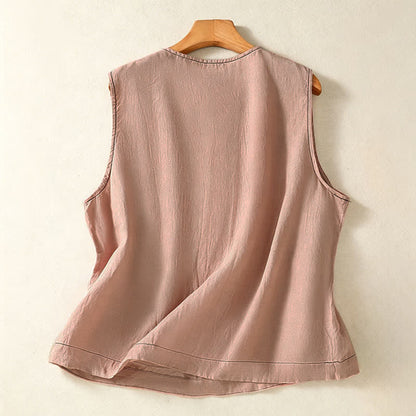 Buddha Stones Summer Casual Minimalist Button-Up Solid Women's Sleeveless Shirts Tank Top With Patch Pocket