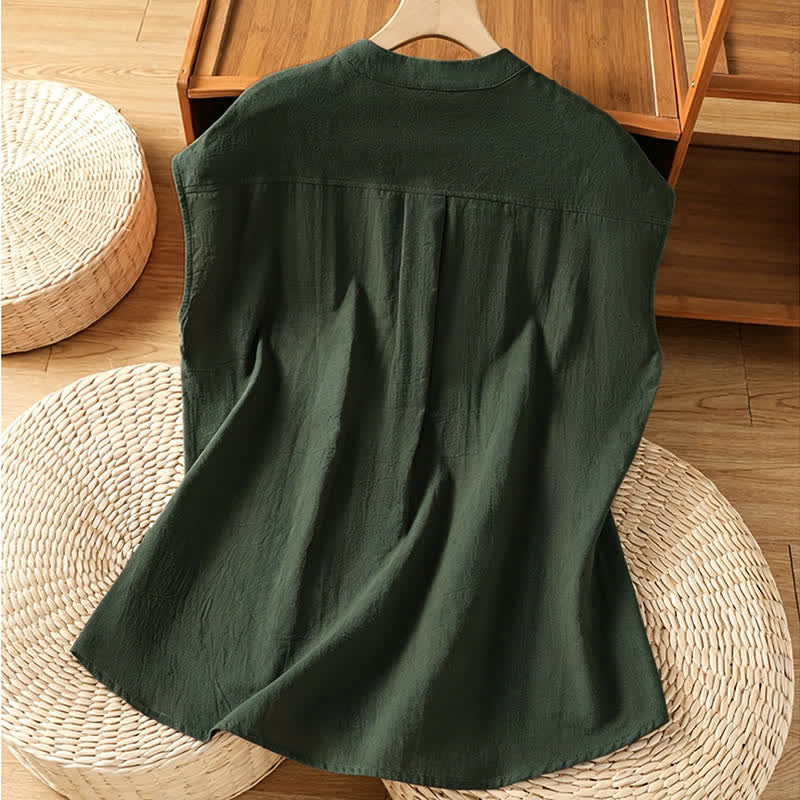 Buddha Stones Summer Tang Style Casual Mandarin Collar Button-Up Solid Patch Pocket Women's Sleeveless Shirts Tank Top