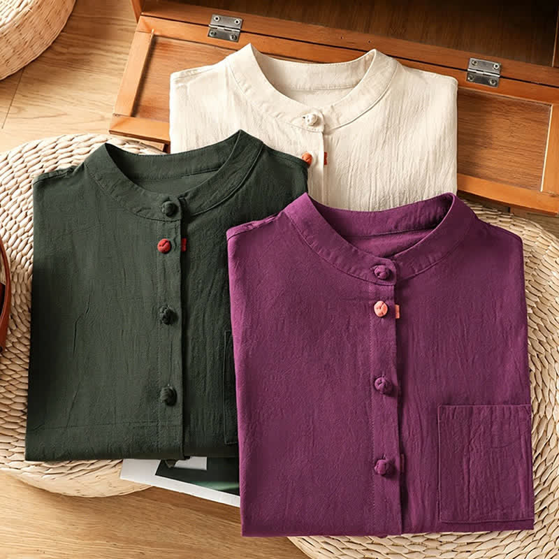 Buddha Stones Summer Tang Style Casual Mandarin Collar Button-Up Solid Patch Pocket Women's Sleeveless Shirts Tank Top