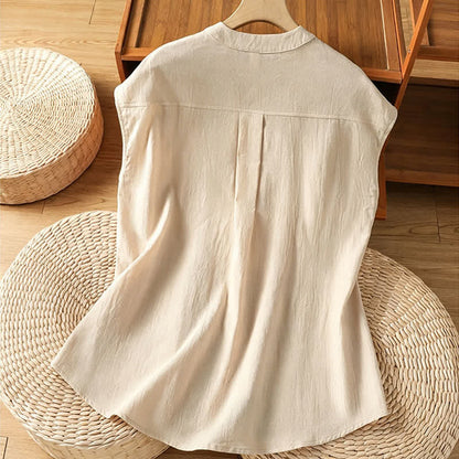 Buddha Stones Summer Tang Style Casual Mandarin Collar Button-Up Solid Patch Pocket Women's Sleeveless Shirts Tank Top