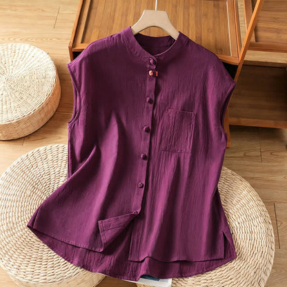 Buddha Stones Summer Tang Style Casual Mandarin Collar Button-Up Solid Patch Pocket Women's Sleeveless Shirts Tank Top