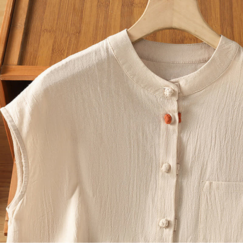Buddha Stones Summer Tang Style Casual Mandarin Collar Button-Up Solid Patch Pocket Women's Sleeveless Shirts Tank Top