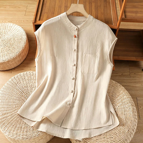 Buddha Stones Summer Tang Style Casual Mandarin Collar Button-Up Solid Patch Pocket Women's Sleeveless Shirts Tank Top