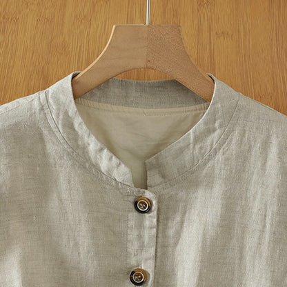 Buddha Stones Summer Tang Style Minimalist Mandarin Collar Button-Up Solid Women's Sleeveless Shirts Tank Top With Pocket