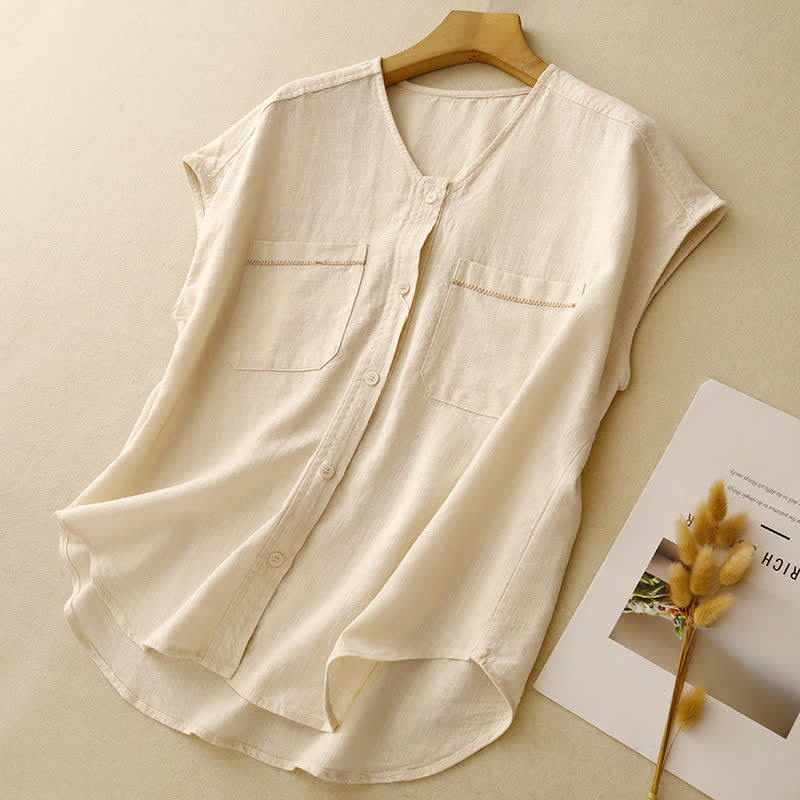 Buddha Stones Summer Casual Minimalist Button-Up Patch Pocket Solid Women's Sleeveless Shirts Tank Top With Pocket