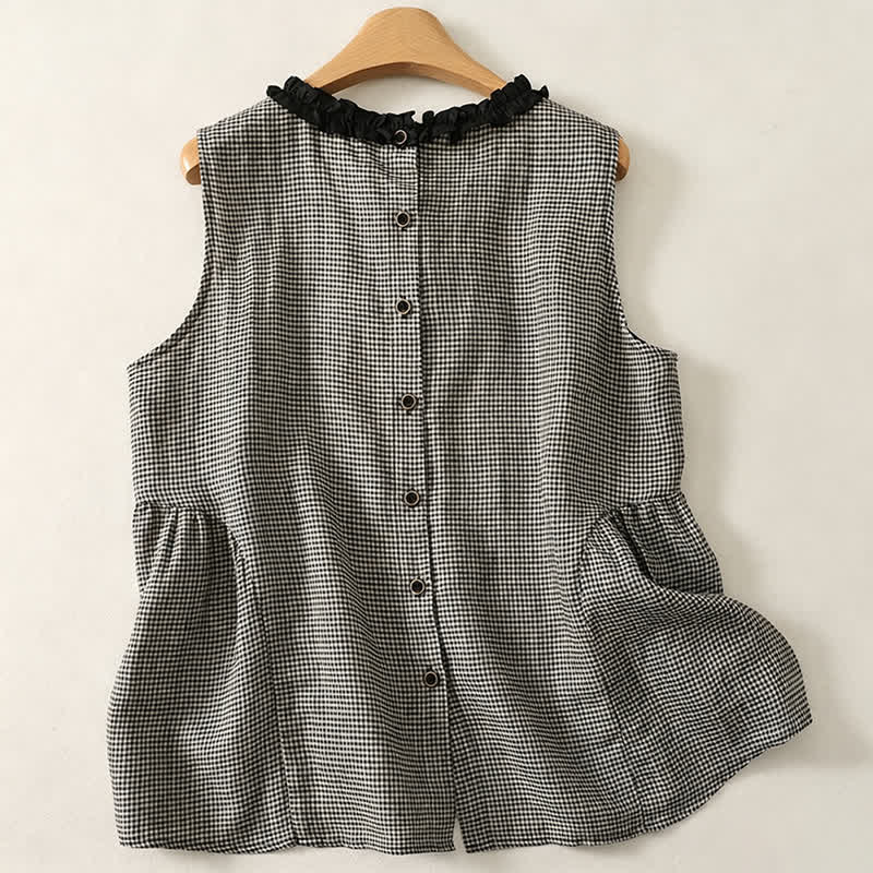 Buddha Stones Summer Casual Vintage Plaid Back Button-Up Tank Top Women's Sleeveless Shirts