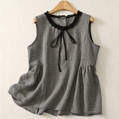 Buddha Stones Summer Casual Vintage Plaid Back Button-Up Tank Top Women's Sleeveless Shirts