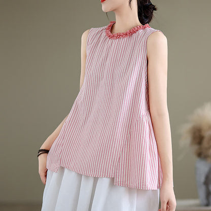 Buddha Stones Summer Casual Elegant Side Slit Striped Crew Neck Tank Top Women's Sleeveless Shirts