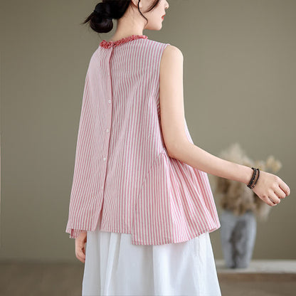 Buddha Stones Summer Casual Elegant Side Slit Striped Crew Neck Tank Top Women's Sleeveless Shirts