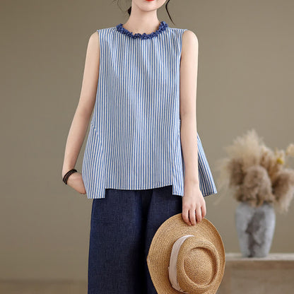 Buddha Stones Summer Casual Elegant Side Slit Striped Crew Neck Tank Top Women's Sleeveless Shirts