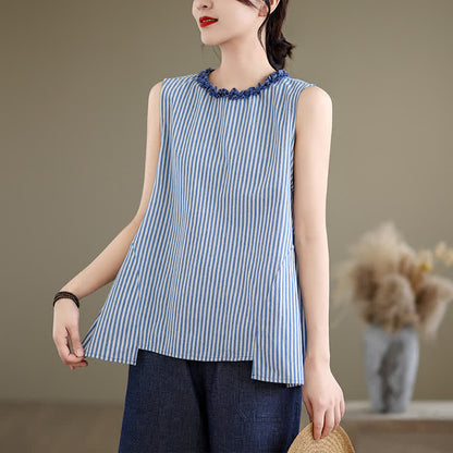 Buddha Stones Summer Casual Elegant Side Slit Striped Crew Neck Tank Top Women's Sleeveless Shirts