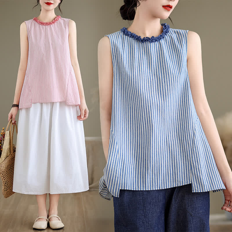 Buddha Stones Summer Casual Elegant Side Slit Striped Crew Neck Tank Top Women's Sleeveless Shirts