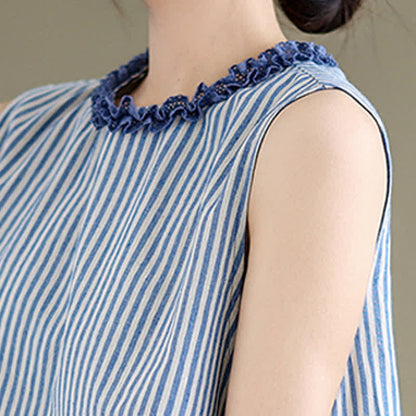 Buddha Stones Summer Casual Elegant Side Slit Striped Crew Neck Tank Top Women's Sleeveless Shirts