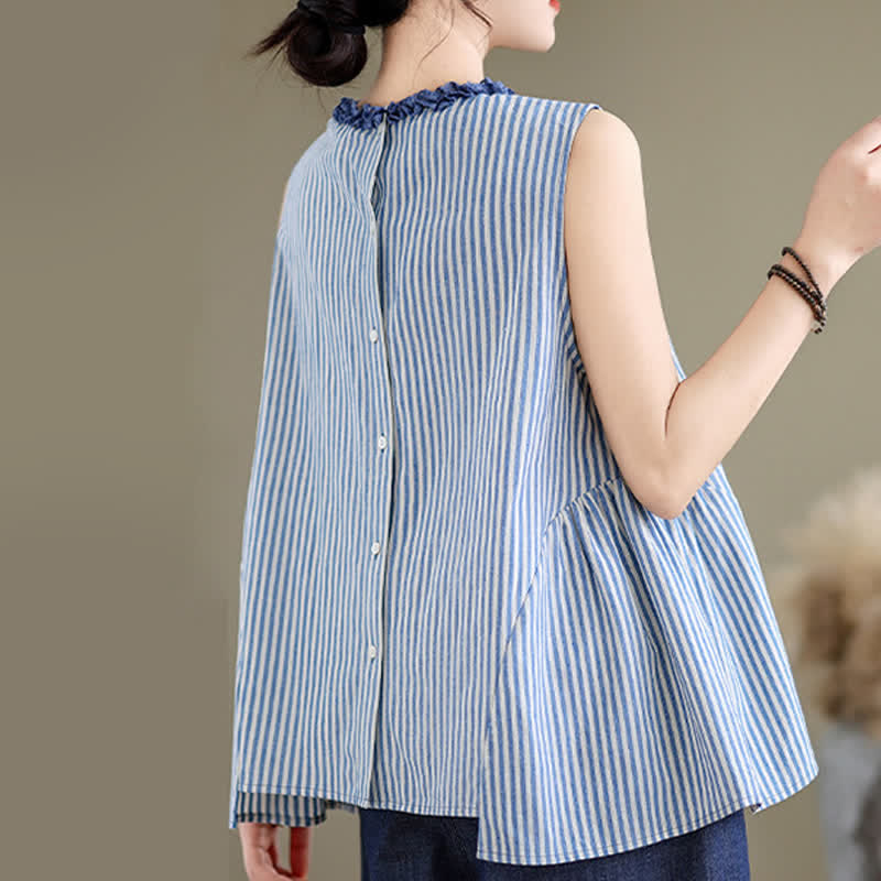 Buddha Stones Summer Casual Elegant Side Slit Striped Crew Neck Tank Top Women's Sleeveless Shirts
