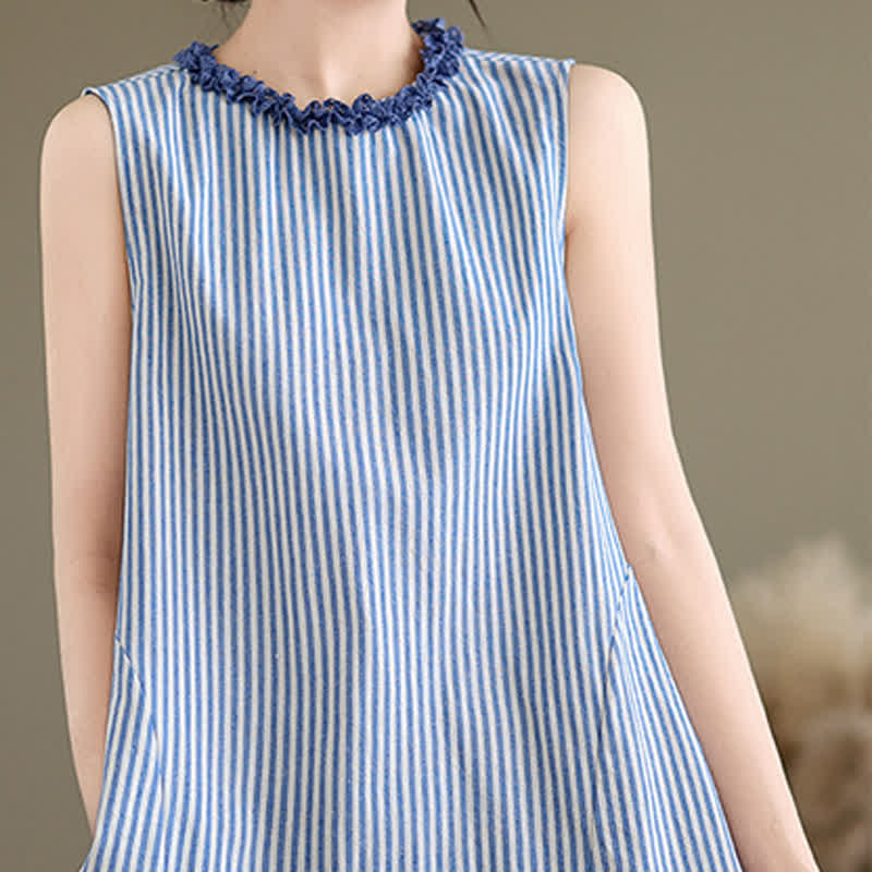 Buddha Stones Summer Casual Elegant Side Slit Striped Crew Neck Tank Top Women's Sleeveless Shirts