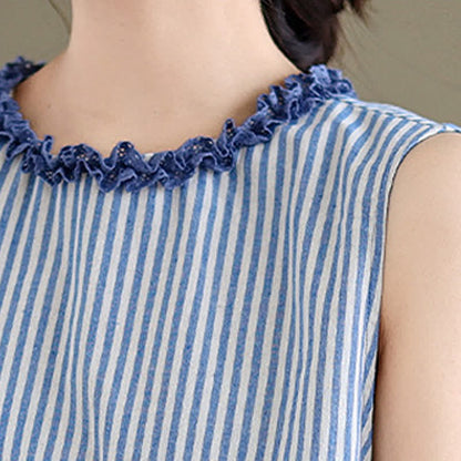 Buddha Stones Summer Casual Elegant Side Slit Striped Crew Neck Tank Top Women's Sleeveless Shirts
