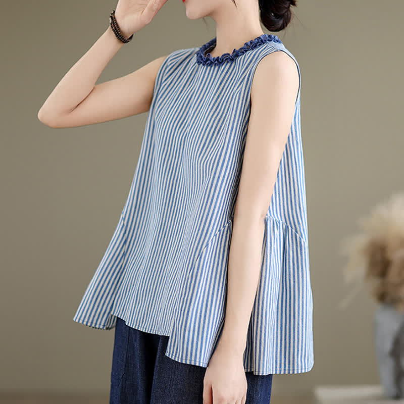 Buddha Stones Summer Casual Elegant Side Slit Striped Crew Neck Tank Top Women's Sleeveless Shirts