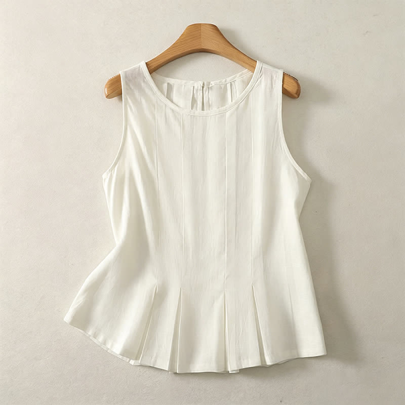 Buddha Stones Summer Elegant Pleated Solid Tank Top Vertical Seam Women's Sleeveless T-shirts