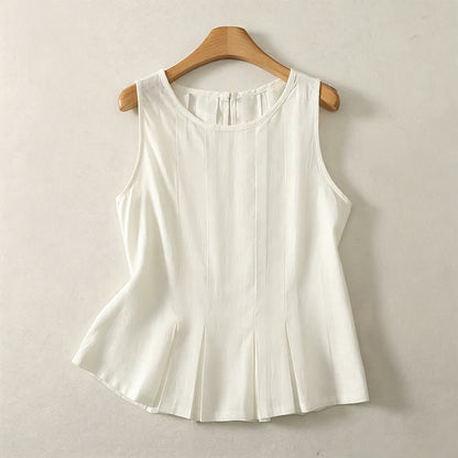 Buddha Stones Summer Elegant Pleated Solid Tank Top Vertical Seam Women's Sleeveless T-shirts