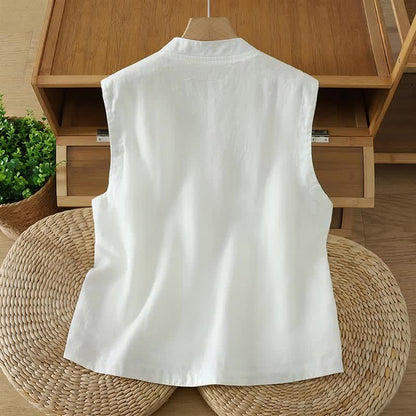 Buddha Stones Summer Tang Style Minimalist Mandarin Collar Button-Up Solid Women's Sleeveless Shirts Tank Top With Pocket