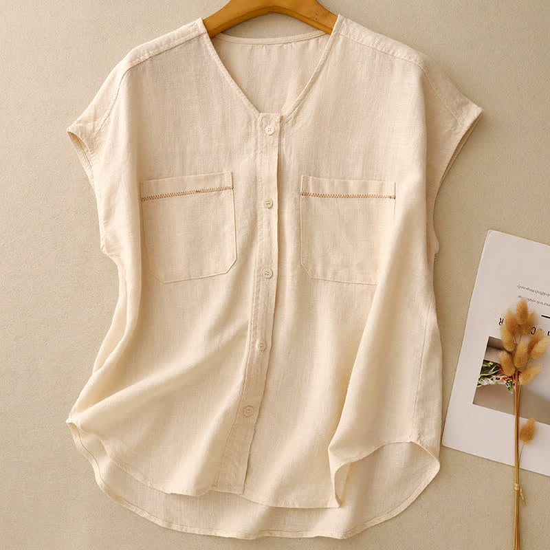 Buddha Stones Summer Casual Minimalist Button-Up Patch Pocket Solid Women's Sleeveless Shirts Tank Top With Pocket