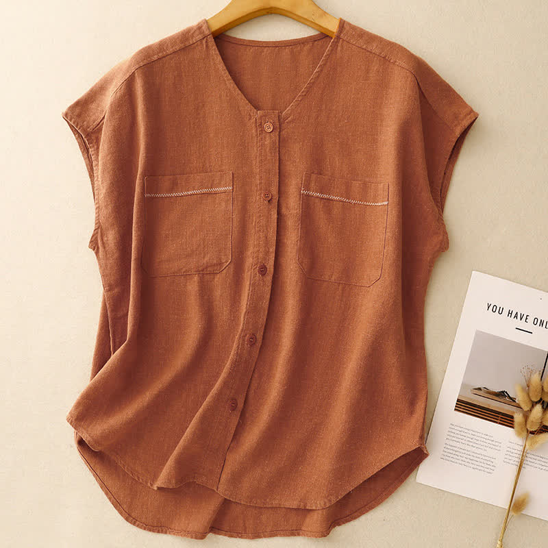 Buddha Stones Summer Casual Minimalist Button-Up Patch Pocket Solid Women's Sleeveless Shirts Tank Top With Pocket